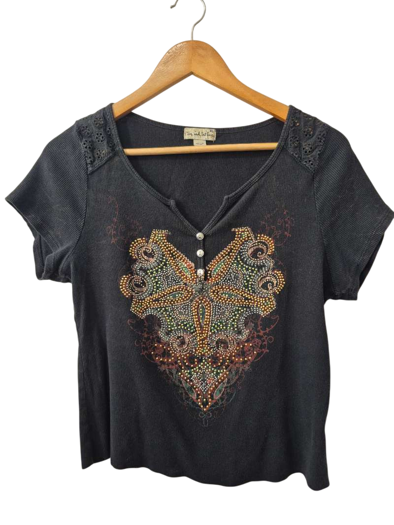 Live and Let Live Beaded Graphic Top Vintage