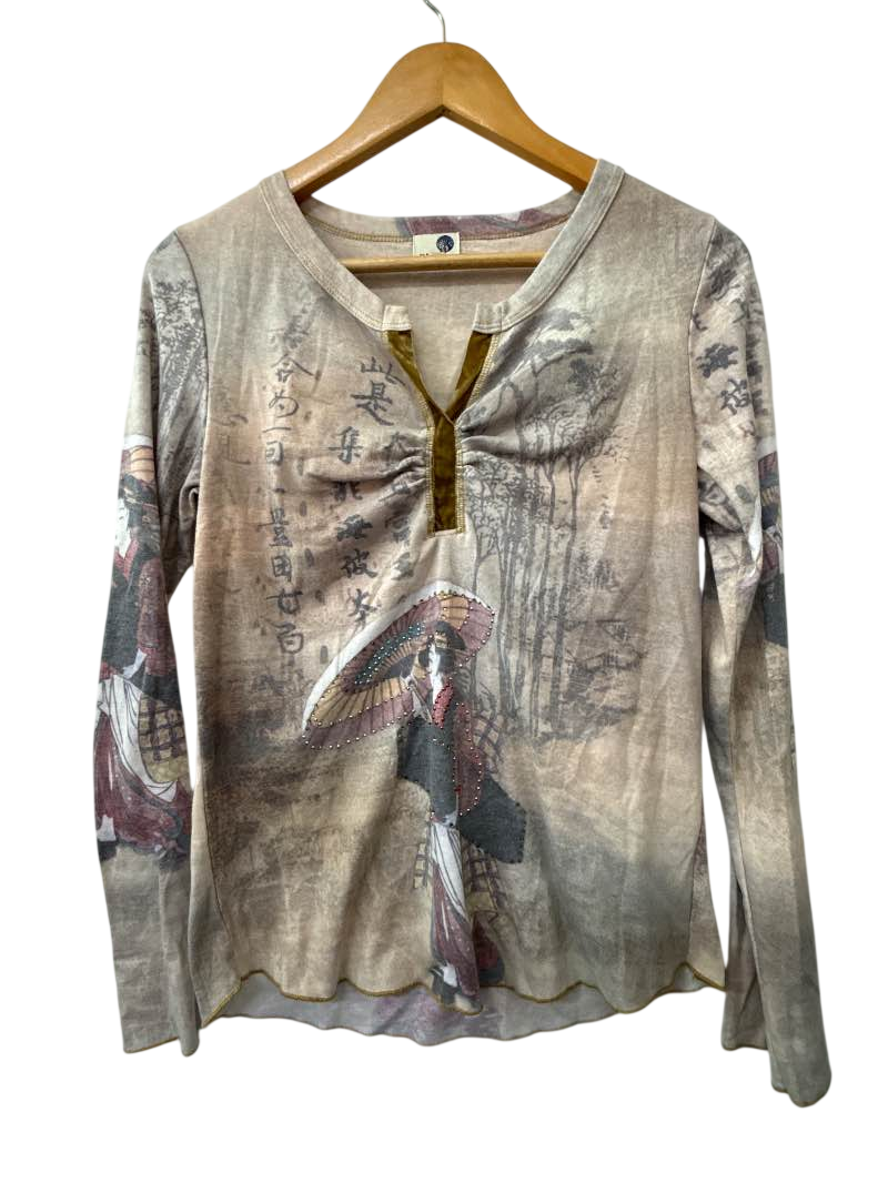 One World Printed Keyhole Top Long Sleeves