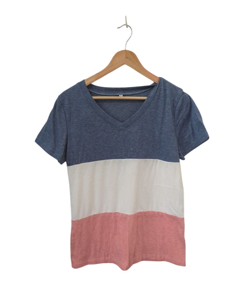 Color Block V-Neck Short Sleeves
