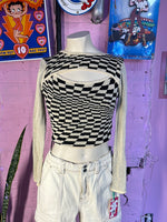 Black/Tan Checkered Shein Cropped Cutout Long Sleeve, S