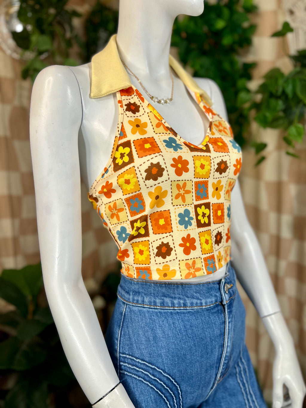 Orange Shein Collared Floral Halter Top, M