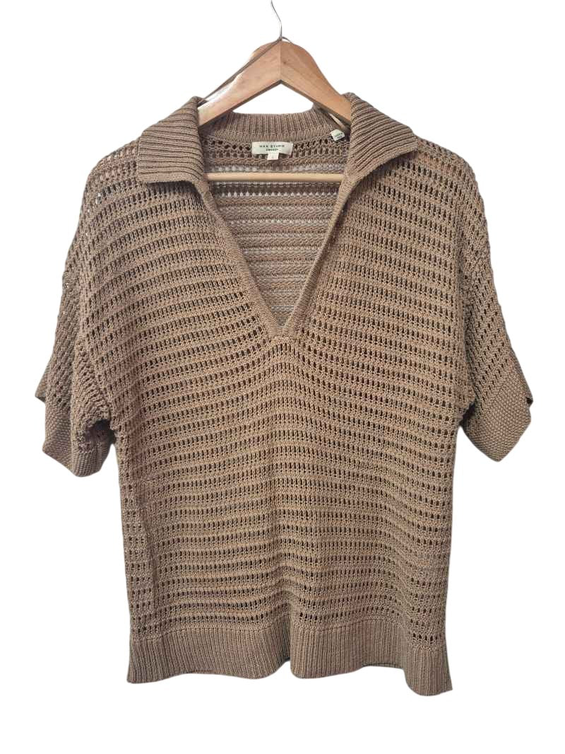 Max Studio Open-Knit V-Neck Short Sleeves