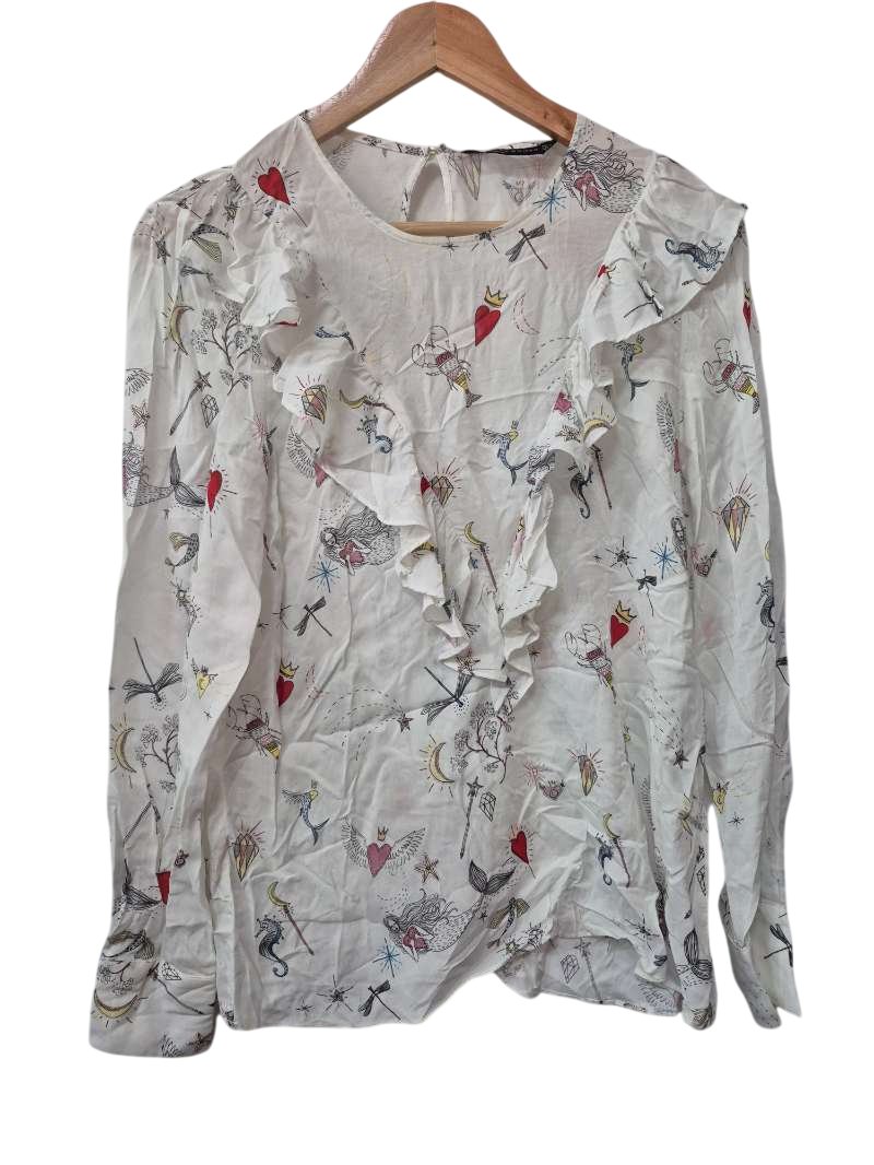 Zara Woman Ruffle Print Blouse Long Sleeves