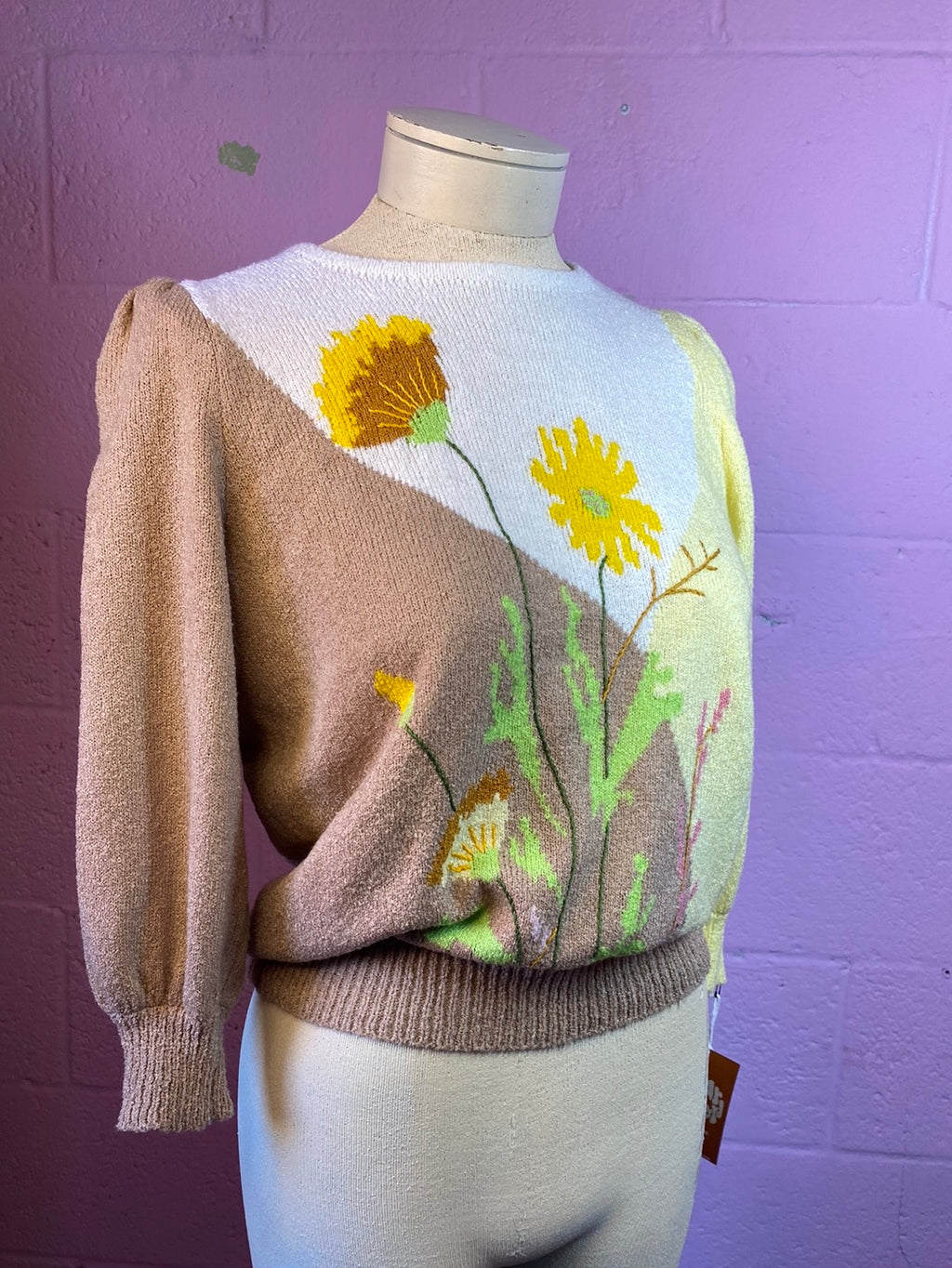 Yellow/Tan Christine's Flower Crewneck Sweater, S