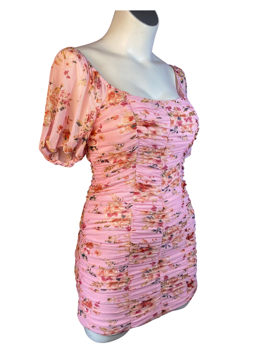Pink Floral As U Wish Ruched Bodycon Dress, 1X