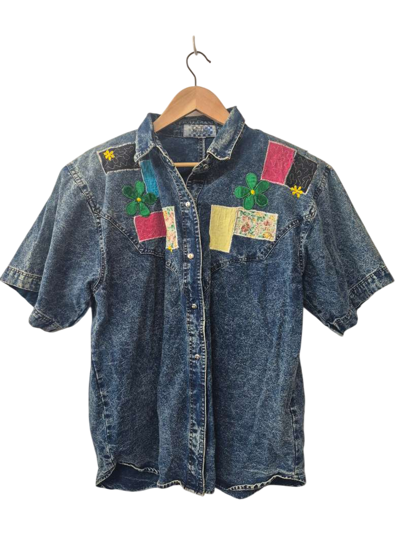 Pretty Bleu Patchwork Denim Shirt Vintage