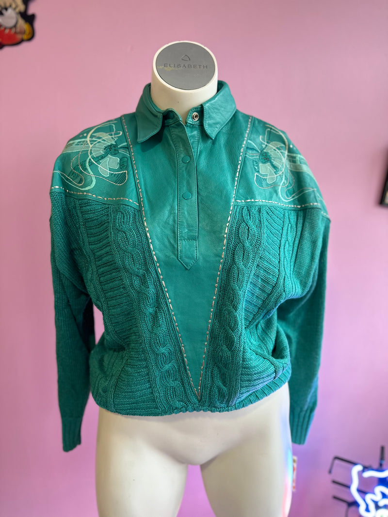 Teal Suzelle Leather Collared Sweater, L