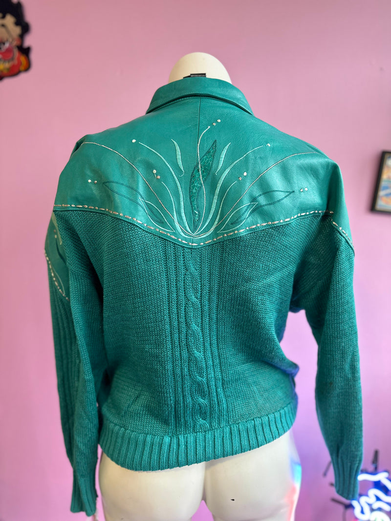 Teal Suzelle Leather Collared Sweater, L