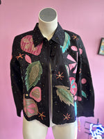 Black Patterned Sharon Anthony Silk Button Up Blouse, M