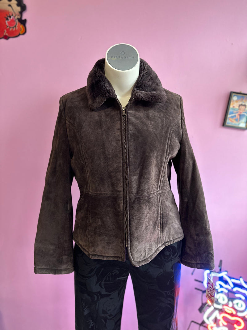 Brown Soma Suede Jacket w Fur Collar, XL
