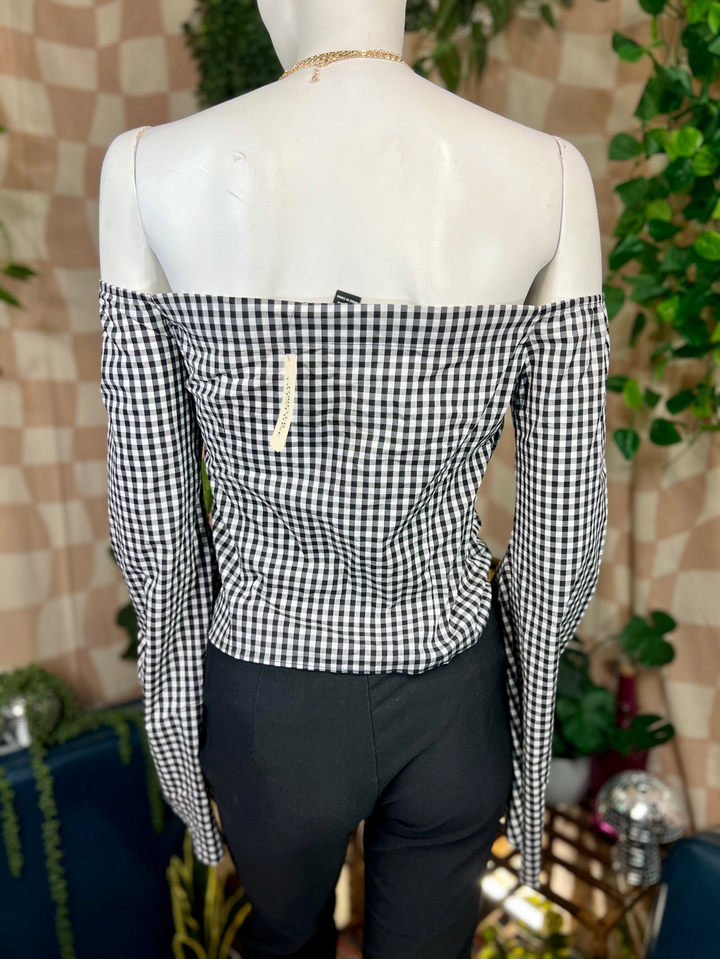 NWT Forever21 Checkered Bell Sleeve Top, M
