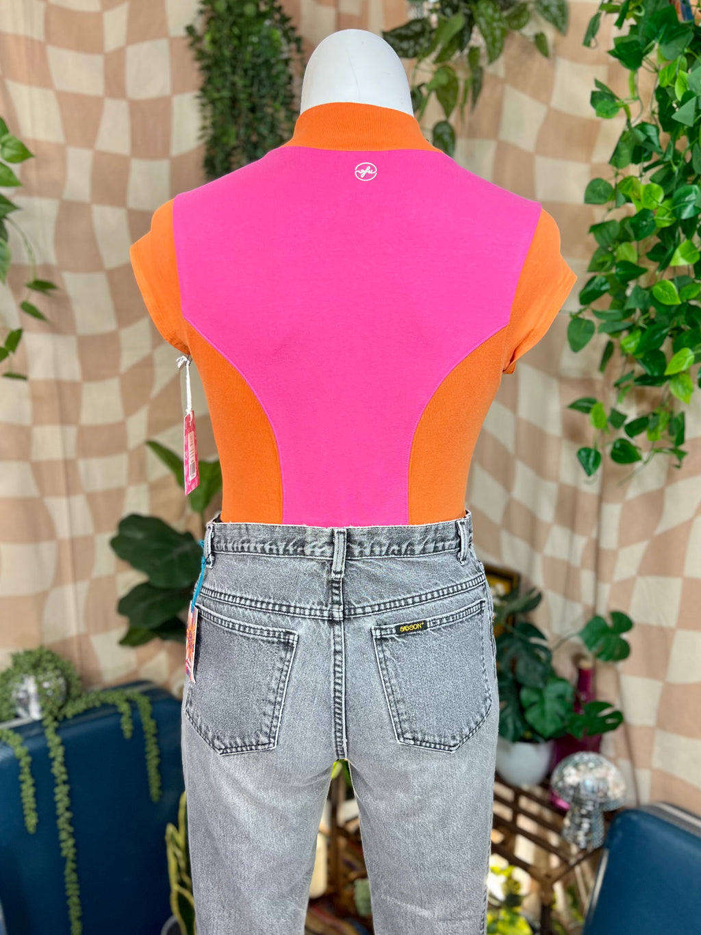 Pink/Orange Out From Under by UO Zip Up Bodysuit, L