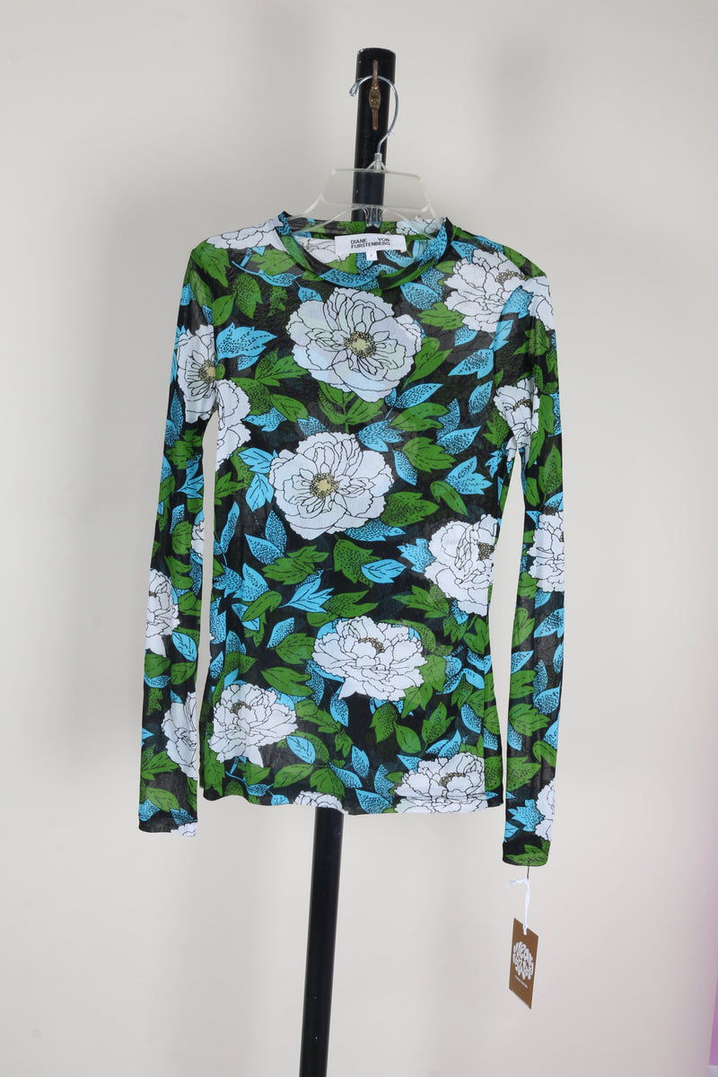 Black Floral Diana Von Furstenberg Mesh L/S Shirt, S