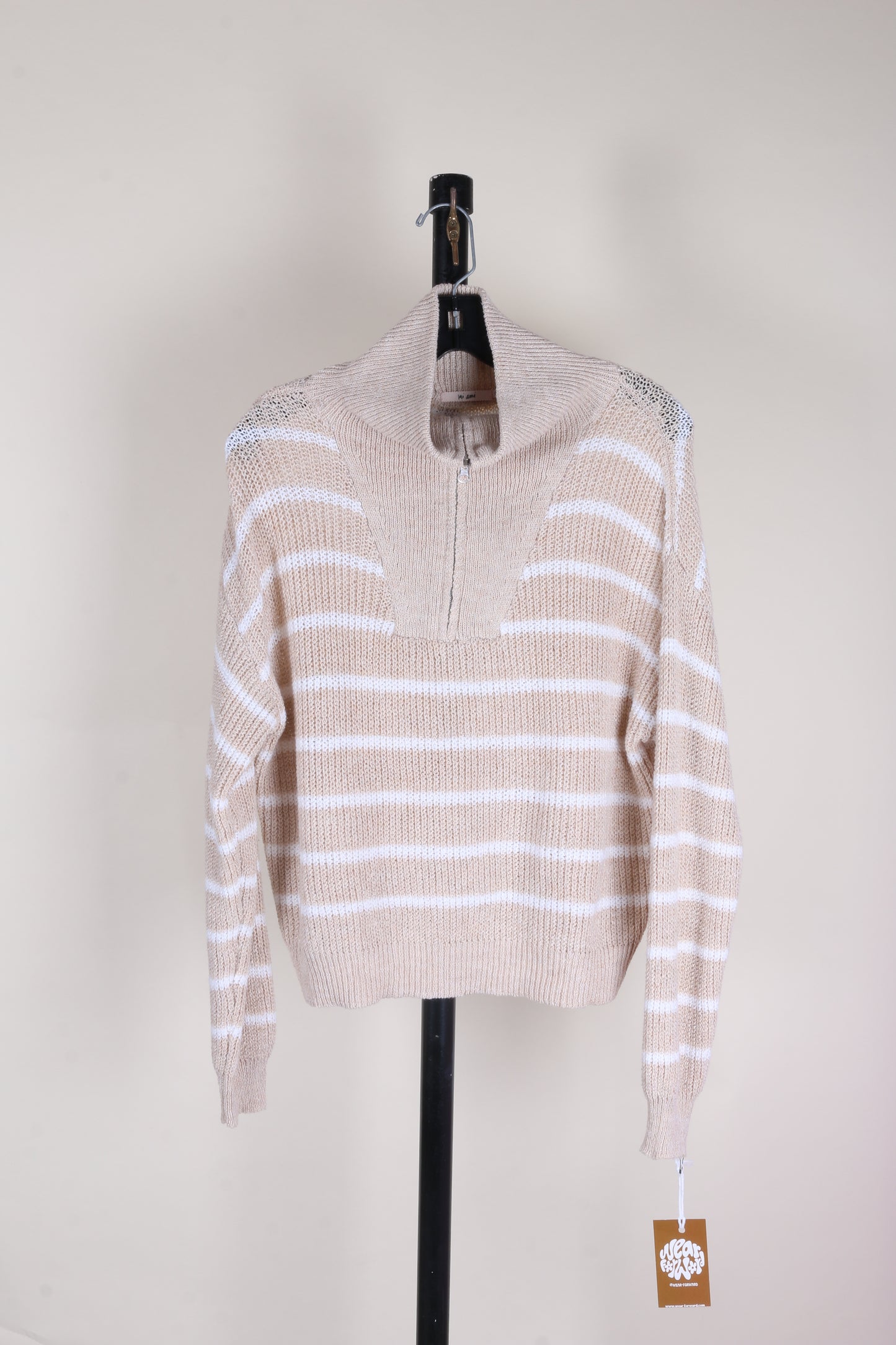 Beige/White Mi Ami Cropped Knit Quarter Zip, S