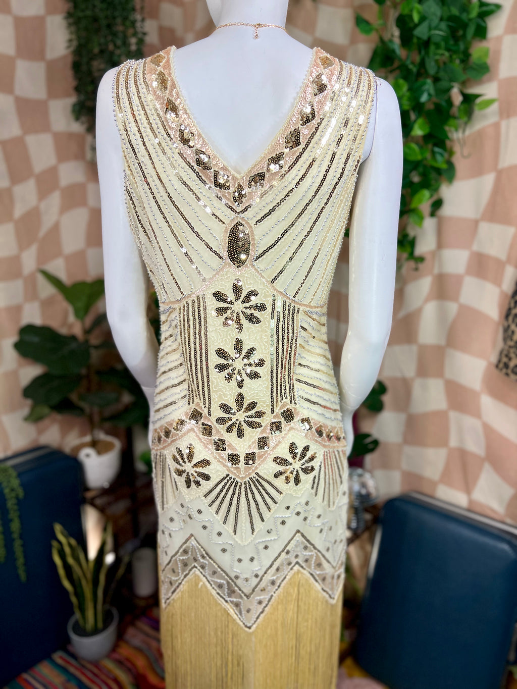 Cream Metme Rhinestone Fringe Dress, M