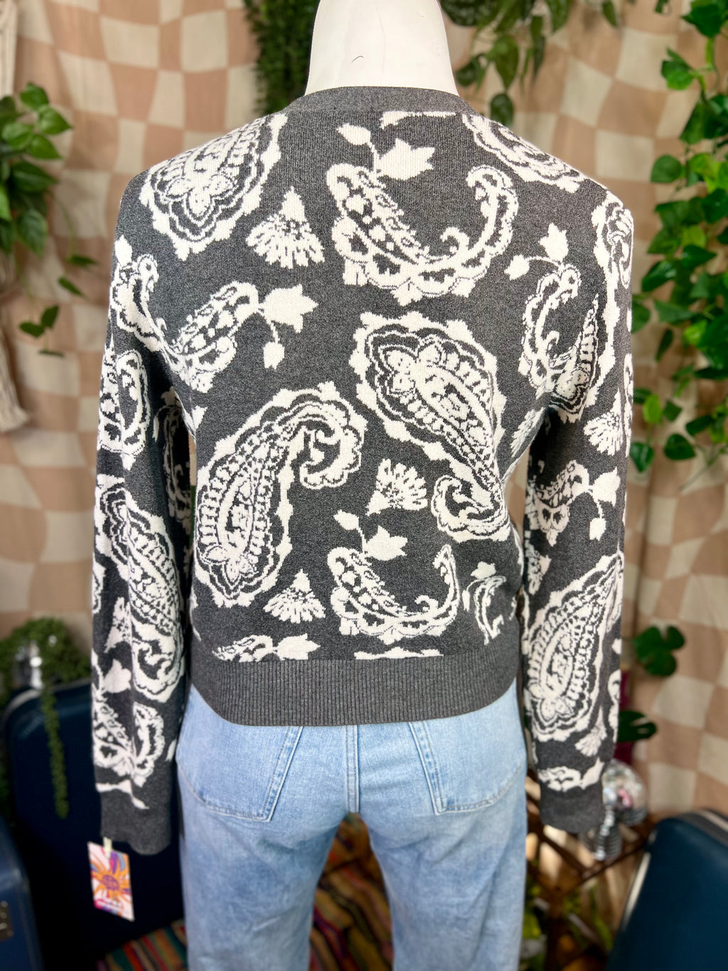 Gray/White Paisley Ophelia Roe Buttoned Cardigan, 1X