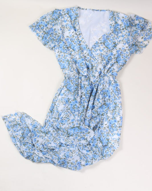 Blue Floral Wrap Dress, XL