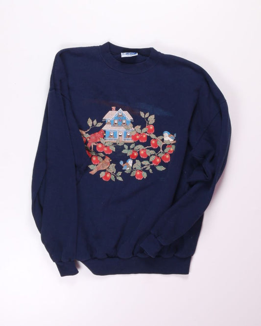 Blue Endless Designs Birds & Apples Crewneck Sweatshirt, L