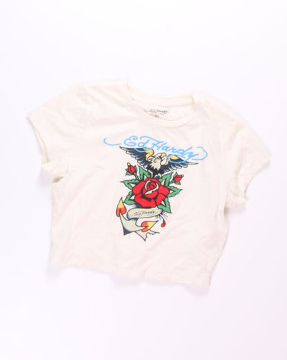 Cream Ed Hardy Cropped Graphic Tee, XL