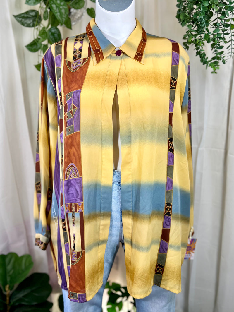 Yellow Beverly Rose Button Down Sheer Long Sleeve, 1X