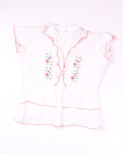 White  Embroidered Short Sleeve Button Up, S