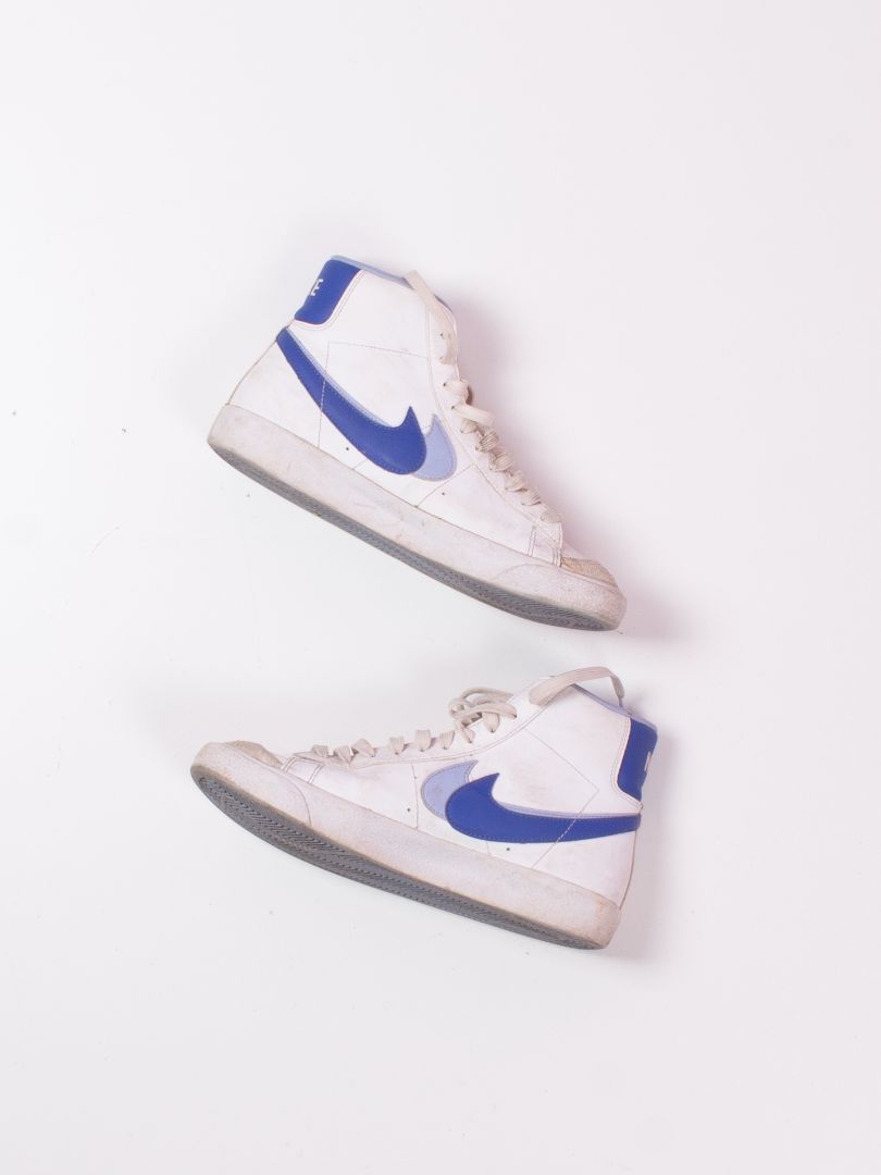 White/Blue Nike High Top Sneakers, 6.5Y