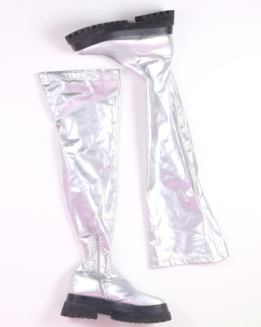 Silver  Chunky Thigh High Boots, 9