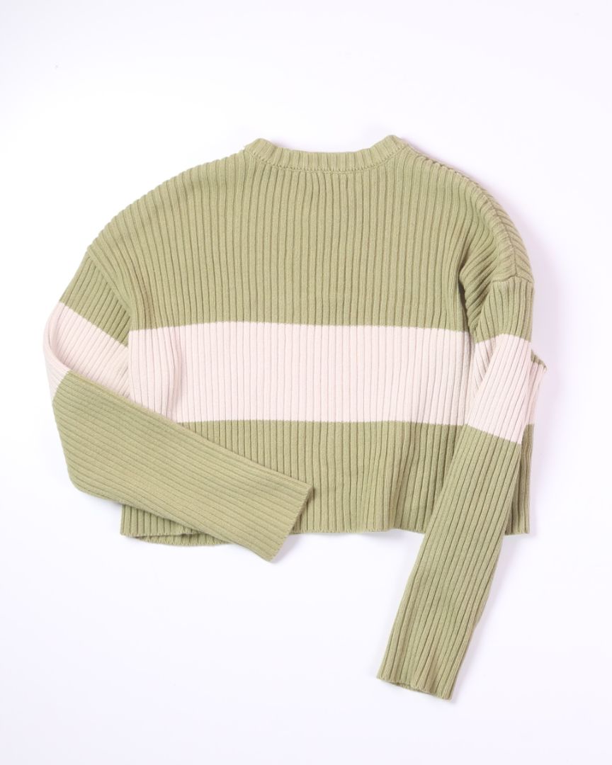 Green/White LA Hearts Cropped Rib Knit Sweater, S