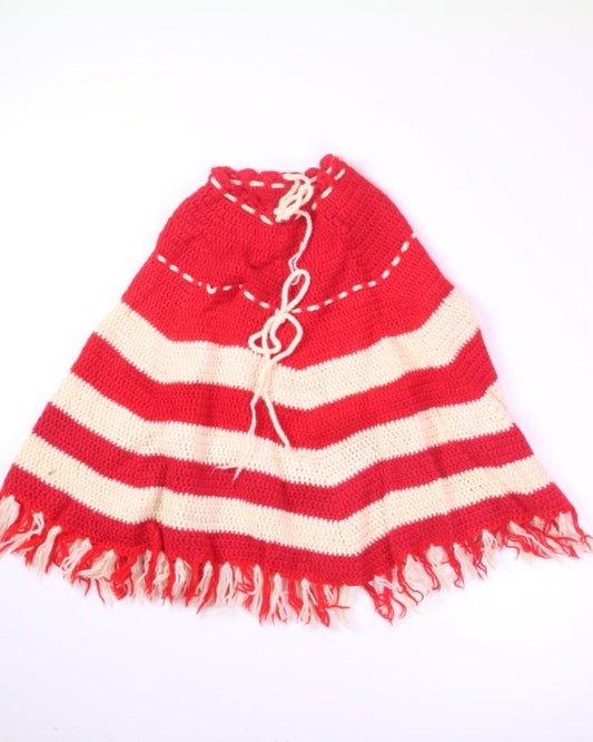 White/Red Knit Poncho, O/S