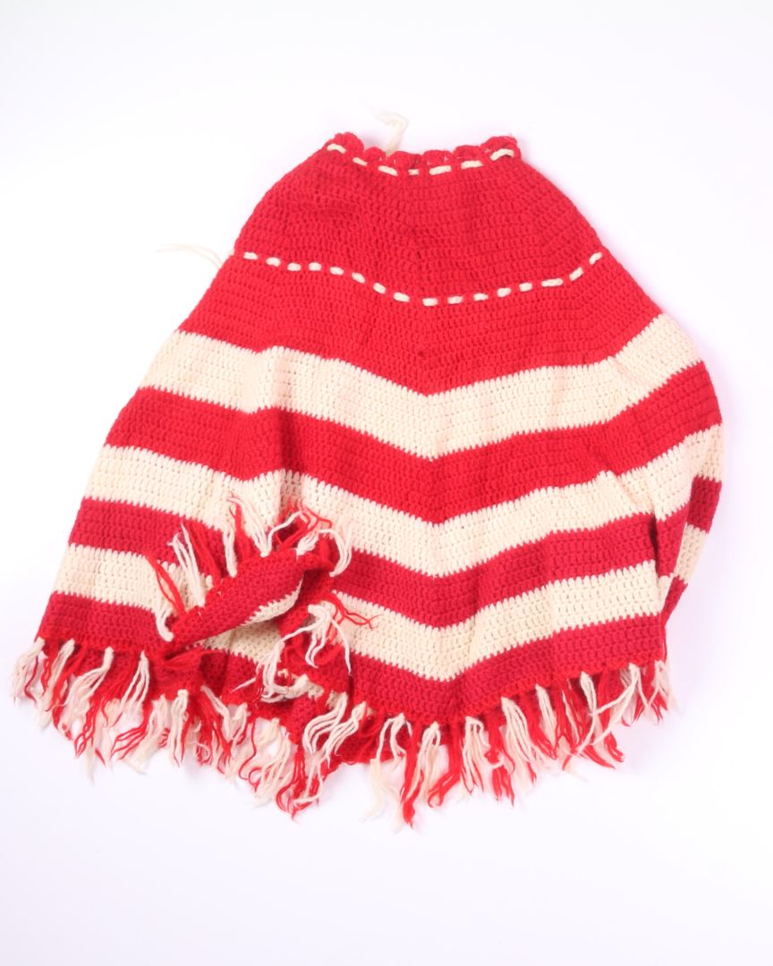 White/Red Knit Poncho, O/S