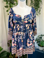 Blue Floral Angie V Cut Ruched Dress, L