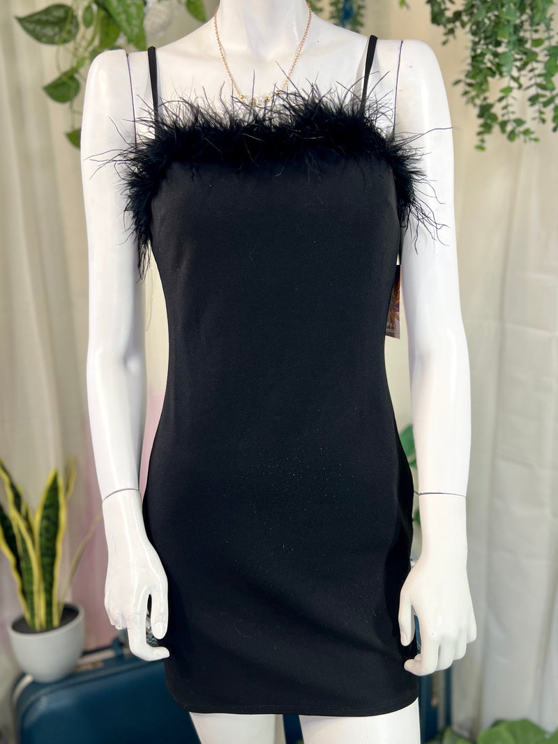 Black Feather Trim  Mini Dress, M