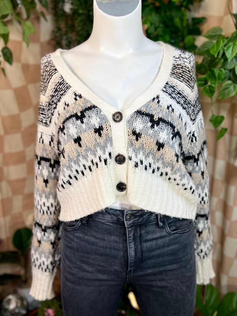 White/Black American Eagle Cropped Buttoned Sweater, M