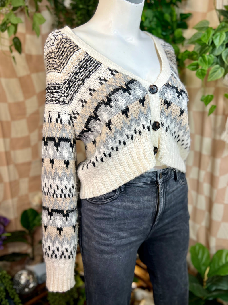 White/Black American Eagle Cropped Buttoned Sweater, M