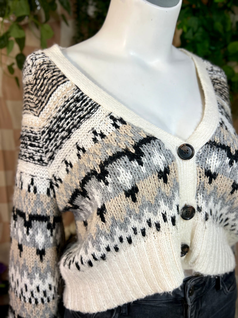 White/Black American Eagle Cropped Buttoned Sweater, M
