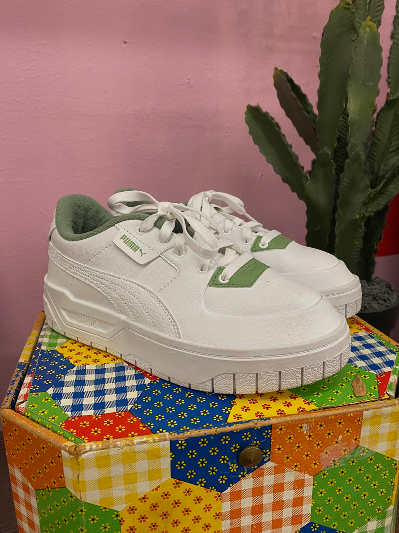 White/Green Puma Platform Sneakers, 8.5