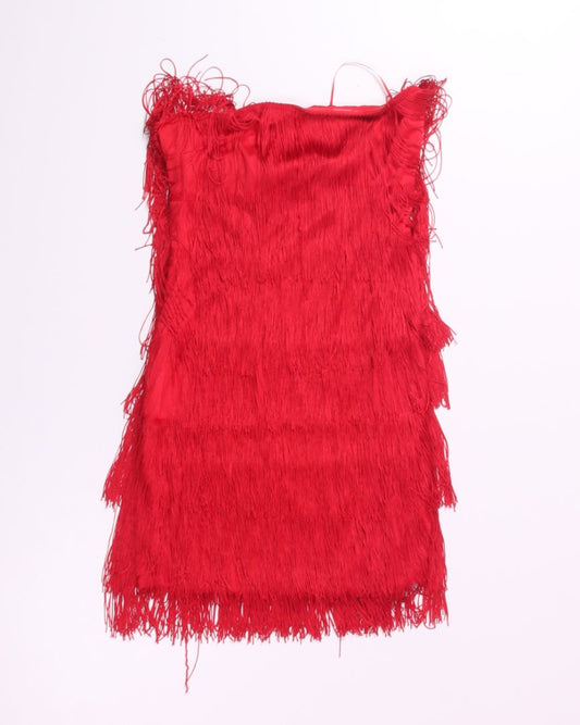 Red Fashion Nova Fringe Strapless Mini Dress, S