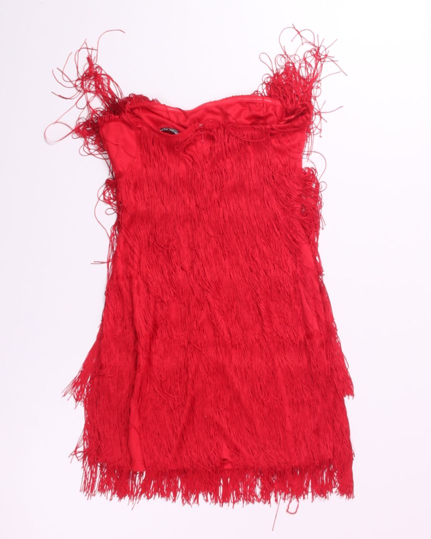 Red Fashion Nova Fringe Strapless Mini Dress, S