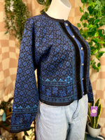 Blue Patterned + Velvet Trimmed Dale of Norway 100% Wool Sweater, L