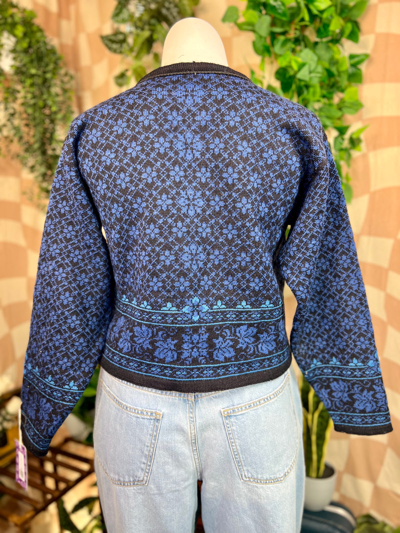 Blue Patterned + Velvet Trimmed Dale of Norway 100% Wool Sweater, L
