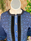 Blue Patterned + Velvet Trimmed Dale of Norway 100% Wool Sweater, L