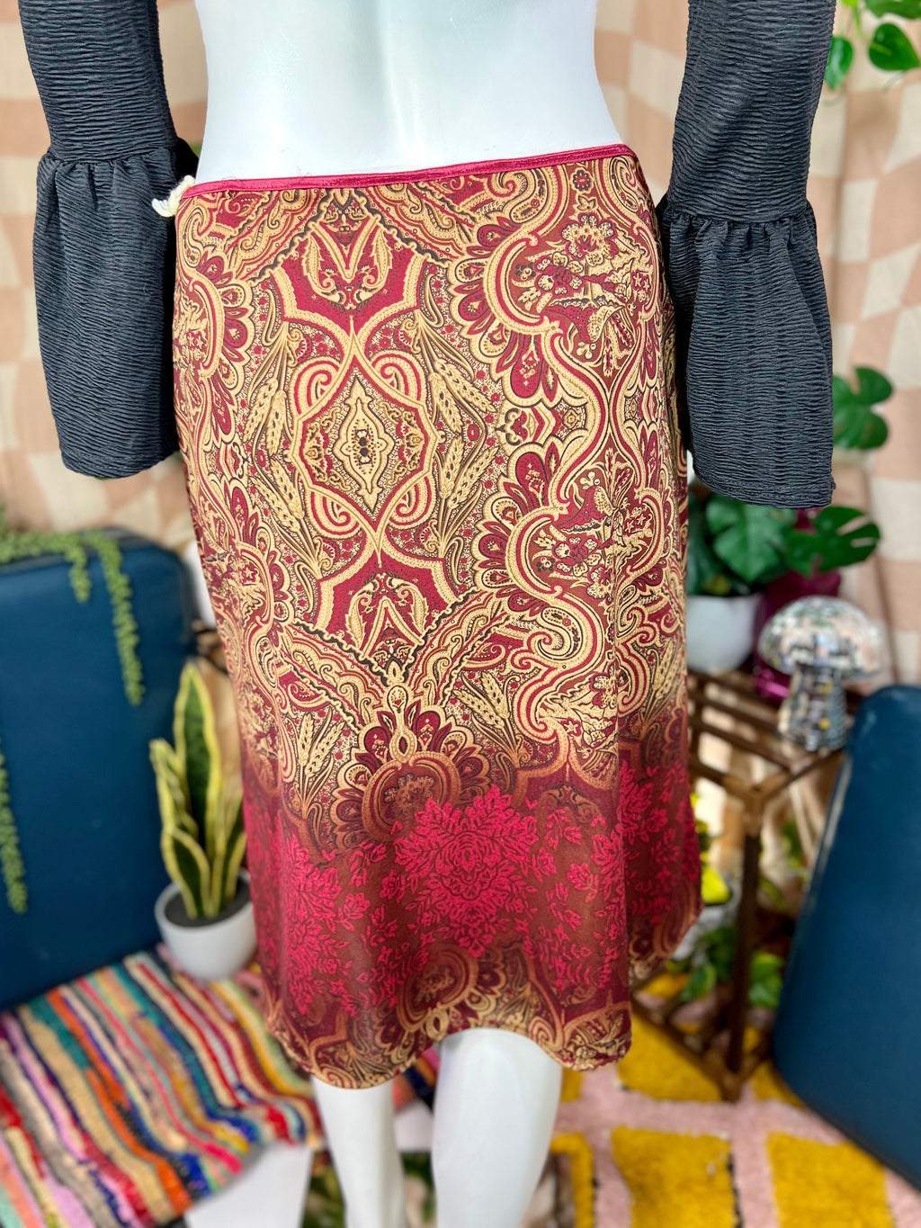 Red Wrapper Paisley Midi Skirt, M
