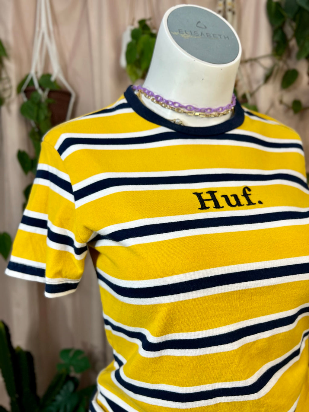 Yellow Striped Huf Graphic Tee, L