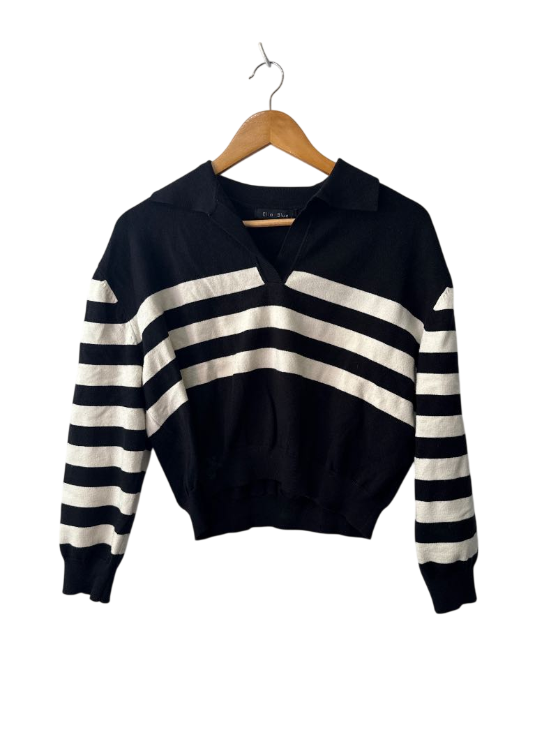 Ella Blue Striped V-Neck Sweaters