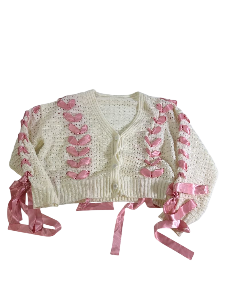 None Ribbon Lace-Up Cardigan Sweaters