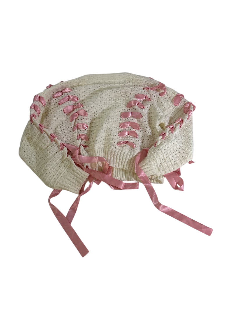None Ribbon Lace-Up Cardigan Sweaters