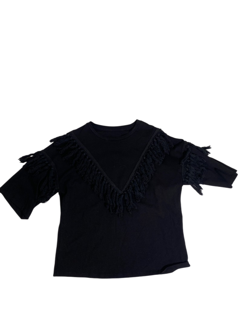 None Fringe Accented Top Short Sleeves