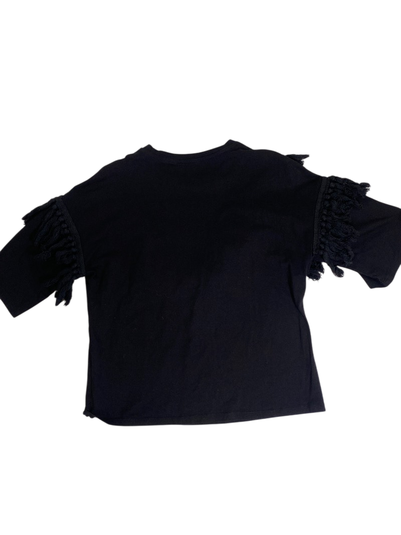 None Fringe Accented Top Short Sleeves