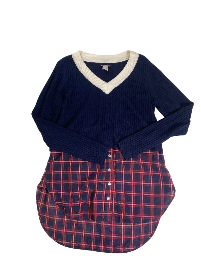 Venus  V-Neck Plaid Tunic Long Sleeves