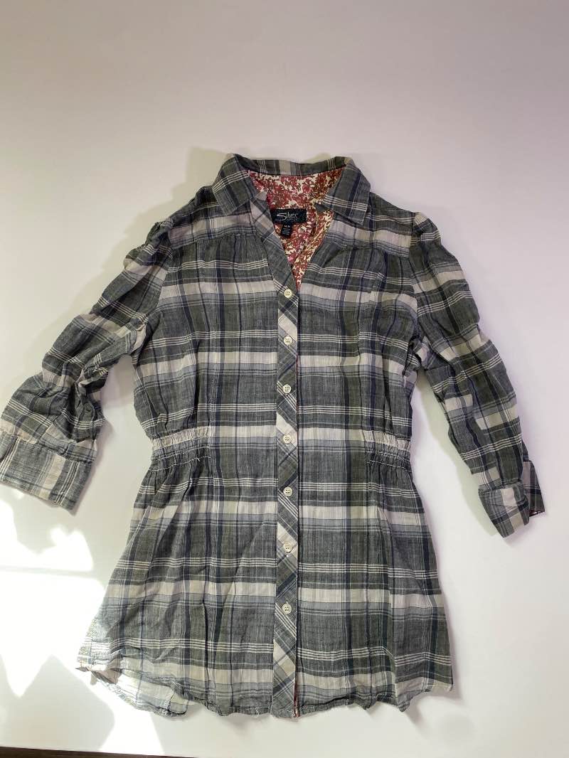Silver  Button-Up Plaid Long Sleeves